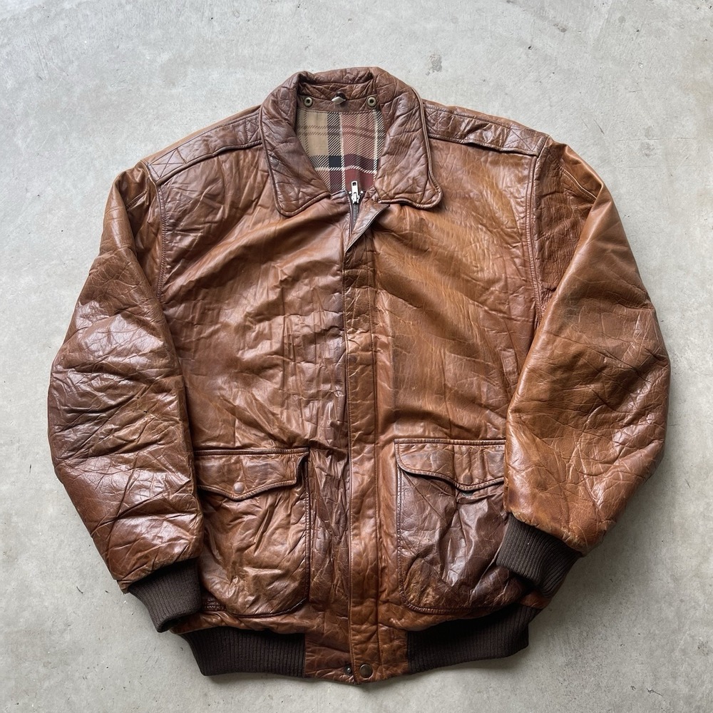 Vintage Burberry A-2 Aviator Leather Flight Bomber Jacket Mens L Lined Patina